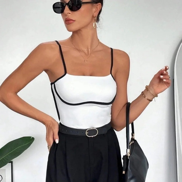 Black and White Preppy Women's Contrast Trim Cami Top - Picture 4 of 5